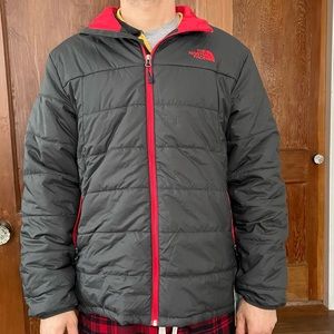 North face grey and red lightweight winter puffer jacket